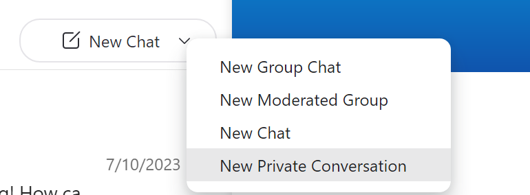 Screenshot of a "new chat" button and the context menu that opens when we click it, with the options: new group chat, new moderated group, new chat, new private conversation