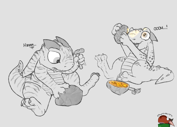 A pair of kobolds holding geodes. One is nervously lining up the hammer to crack theirs open, the other has already done so and is admiring the shiny rocks inside the big rock.