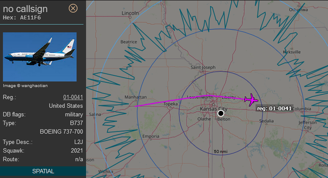 Screenshot from my personal ADSB/MLAT tracker which is tracking the military variant of a Boeing 737 flying through KCMO-area airspace. Assuming it's Kamala since it is heading east from Las Vegas where she had a rally last night.