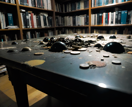 a photographic depiction of a tabletop cluttered with unusual debris and scraps in a public library after hours
