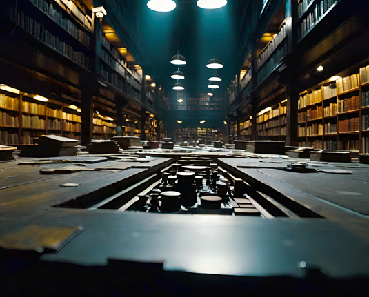 a photographic depiction of a long set of tables between rows of bookshelves, cluttered with debris, with central glass removed revealing a decorative sculptural element, in a public library after hours