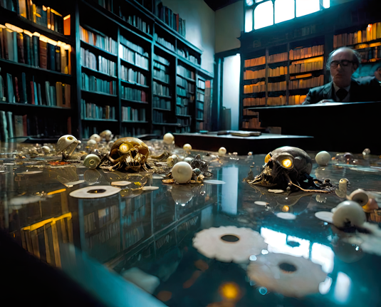 a photographic depiction of a cluttered glass tabletop (including a few possibly humanoid skeletal elements) in a public library after hours, with a humanoid individual quiet in the background