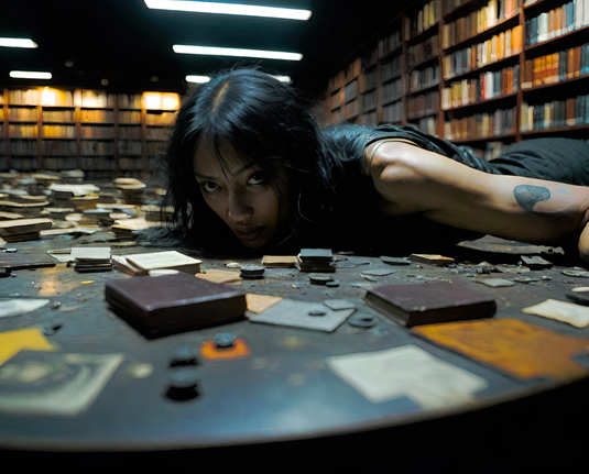 a photographic depiction of a humanoid individual partially prone on a cluttered round tabletop in a public library after hours
