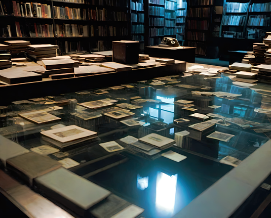 a photographic depiction of a large glass tabletop surface revealing stacks of material beneath in a public library after hours