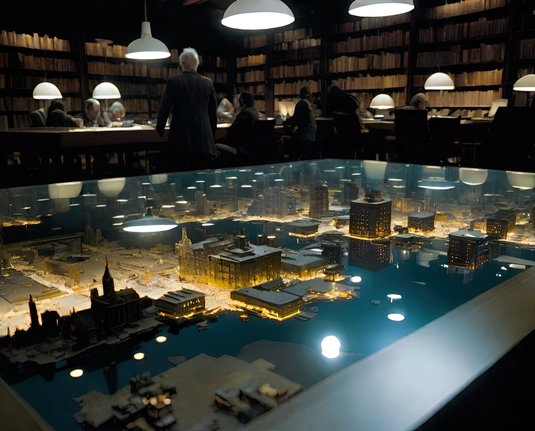 a photographic depiction of a large tabletop surface covering a section of a city model in a public library after hours with a number of shadowy humanoid individuals at desks and tables in the background