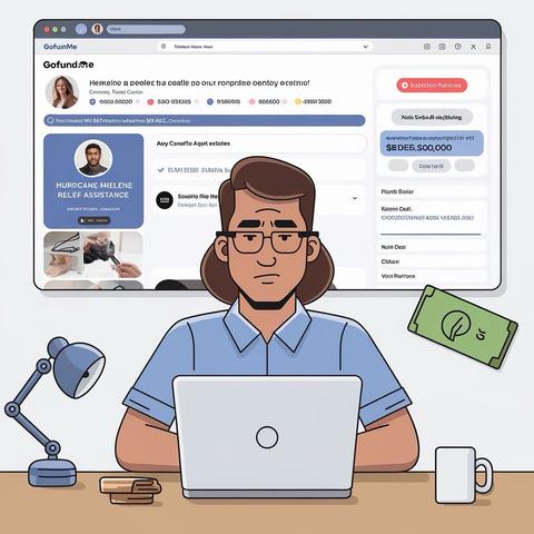 An illustration of a person sitting at a desk with a laptop and a mug. The laptop displays a GoFundMe campaign titled "Hurricane Helene Relief Assistance." There is a desk lamp and a stack of cash beside the laptop. The person appears