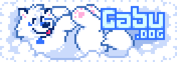 An 88x31 pixel button of pixel art of gabu, a quadruped samoyed fursona flopped on his back in a cloud backdrop, holding up his paws. The text "gabu.dog" is to the side.