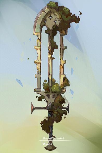 A sword in the style of gothic windows overgrown with plant life
