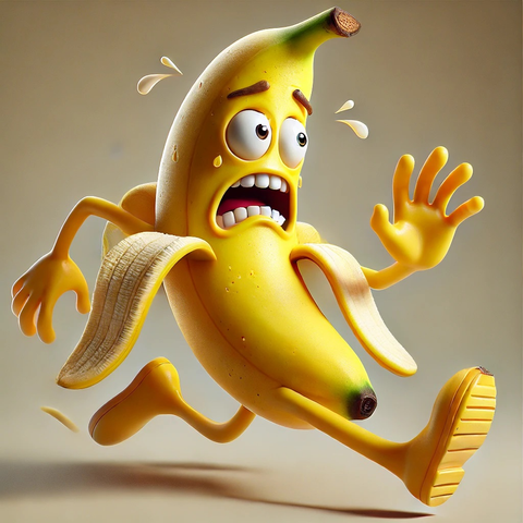 KI-Bild: Illustration einer laufenden, panisch dreinblickenden Banane mit Armen, Beinen und einem halbgeschälten Zustand.