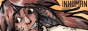 an 88x31 button of one of the aliens (a hekshanian named juu) smiling, with the text 'inhuman'