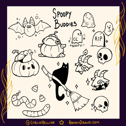 A flash sheet of tattoos that I've designed, titled "Spoopy Buddies". It includes a bat, 3 ghosts, a mouse in a pumpkin, a frog stuck in a pumpkin, a Lucifer goat, a goat in a spiky collar, a skull with a worm in its eye socket, a skull winking, a black cat on a broom, and a couple of worms (one has a party hat)
