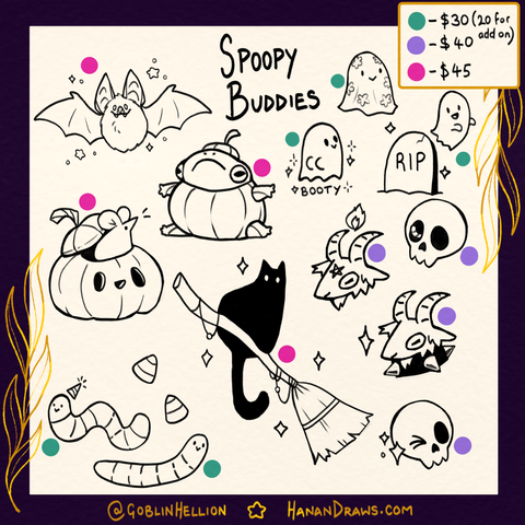 The same thing, but with prices along with a colour code spot for each piece. They range between $30 - $45, with the ghosts and worms also available as cheaper $20 add ons if you get them with another tattoo.