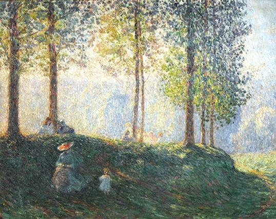 An impressionist painting of a woman and some children sitting on a shadowy, tree-lined ridge, with the sunshine lighting up the trees and landscape above the ridge.