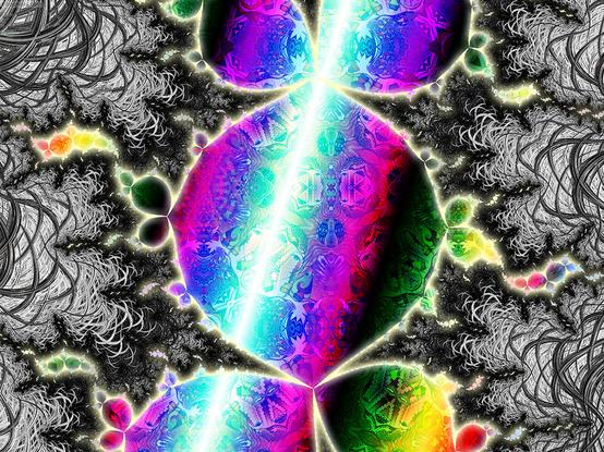 Mutated mandelbrot/julia shapes in desaturated striped patterning exterior/interior technicolor patterning purple blue green yellow red black and white