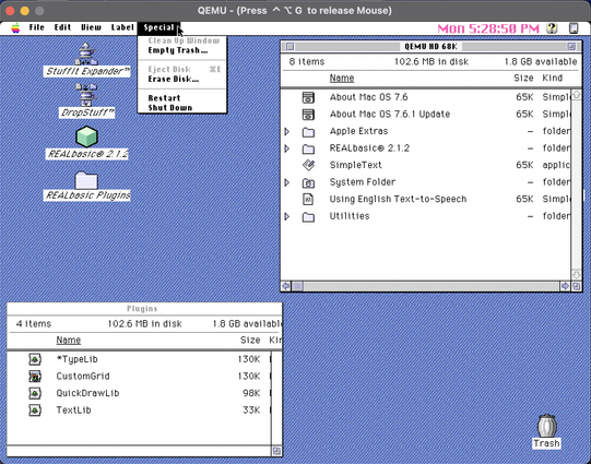 An example of the visual corruption that happens after a REALBasic app using the CustomGrid control has run. The font used in the menu bar and window titles in the Finder has changed to Geneva 10 bold.