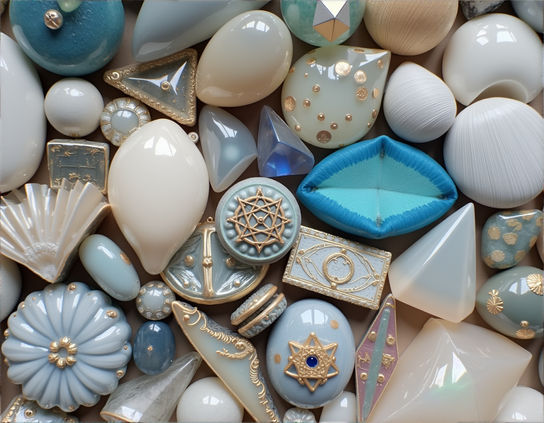 Close up collection of imaginary objects of various textures and smoothness, in soft pastel tones of blue, white, and teal, some embossed with gold accented symbols, evoking a tactile reaction.