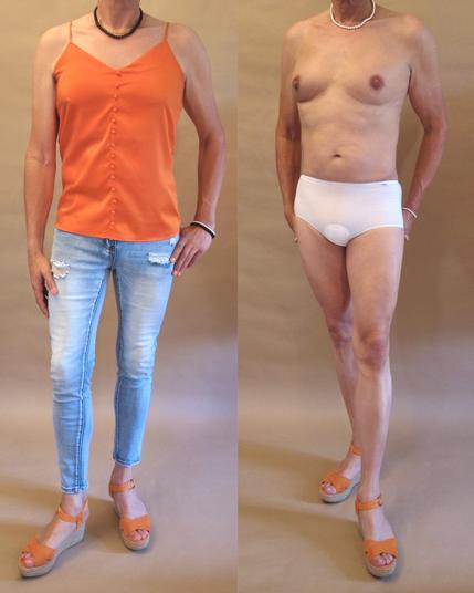 Two pictures of me, in the left wearing an orange camisole with pon-pon buttons, a pair of stonewashed jeans  and orange wedge heel sandals. In the right picture I’m only wearing the sandals and a pair of hipster-panties.