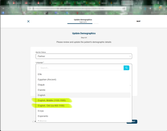 A screenshot of a medical site portal with the "language" drop-down selected, and there are lots of languages visible, including "Egyptian (Ancient)" and "English, Middle (1100-1500)" and "English, Old (ca 450 - 1100)"