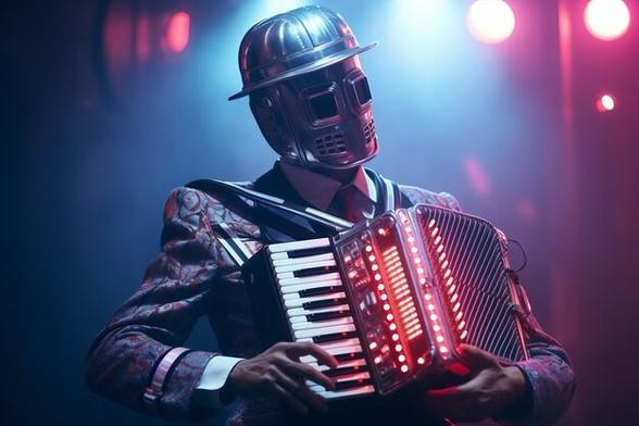 AI illustration of a hep cyborg jazz piano accordionist with a metal face and hat that look like they're made of cheese graters and pasta strainers.