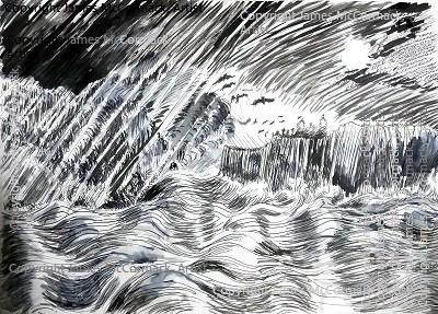 'Stormy Halloween' A wild sea, cliffs, with a ruined church beside a graveyard at the top of the cliffs, circled by ravens.