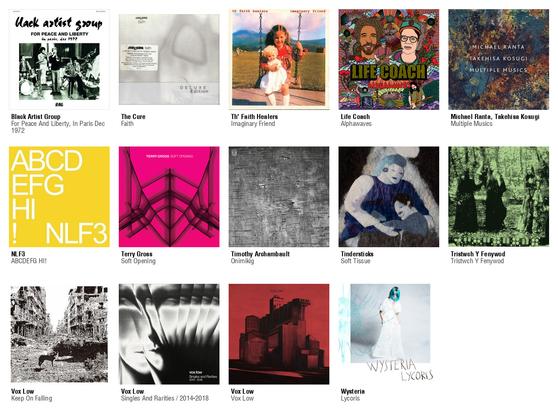 Collage des pochettes des albums de Black Artist Group (For Peace And Liberty, In Paris Dec 1972), The Cure (Faith [Deluxe Edition]), Th' Faith Healers (Imaginary Friend), Life Coach (Alphawaves), Michael Ranta, Takehisa Kosugi (Multiple Musics), NLF3 (ABCDEFG HI!), Terry Gross (Soft Opening), Timothy Archambault (Onimikìg), Tindersticks (Soft Tissue), Tristwch Y Fenywod (Tristwch Y Fenywod), Vox Low (Keep On Falling), Vox Low (Singles And Rarities / 2014-2018), Vox Low (Vox Low), Wysteria (Lycoris)