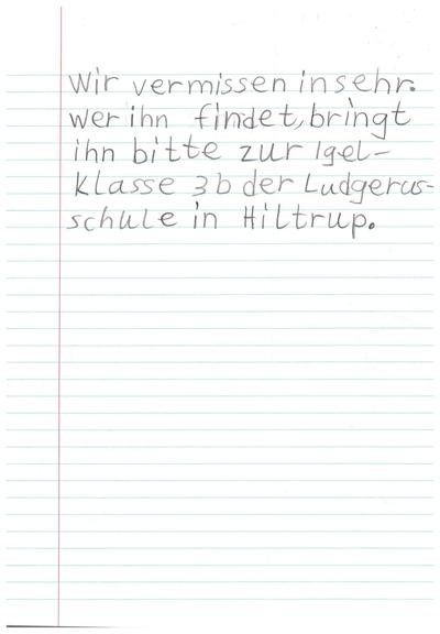 Zweite Seite der Vermisstenanzeige.

Wir vermissen in sehr. Wer ihn findet, bringt ihn bitte zur Igelklasse 3b der Ludgerusschule in Hiltrup.