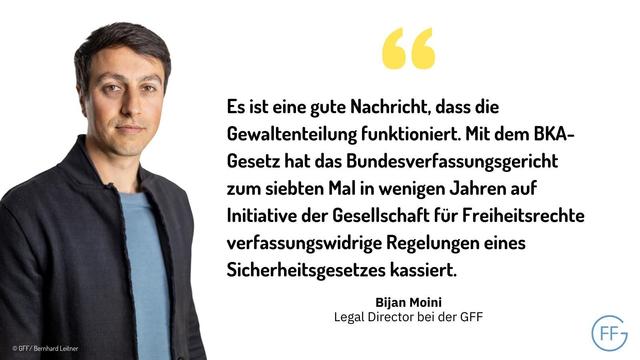 Bild von Bijan Moini, Legal Director bei der GFF: Es ist eine gute Nachricht, dass die Gewaltenteilung funktioniert. Mit dem BKA-Gesetz hat das Bundesverfassungsgericht zum siebten Mal in wenigen Jahren auf Initiative der Gesellschaft für Freiheitsrechte verfassungswidrige Regelungen eines Sicherheitsgesetzes kassiert.