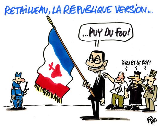 Illustration © Frap (2024) 
Dessin avec la légende « Retailleau, la République version… ». Le nouveau ministre de l’intérieur Retailleau complète « … Puy du Fou ! ». Il tient un drapeau français dans lequel apparaît un Sacré-Coeur, un coeur surmonté d'une croix, symbole religieux chrétien, utilisé par le camp des royalistes comme signe de reconnaissance. Derrière lui un nervi d’extrême-droite, un curé et un militaire reprennent ensemble « Dieu et le Roy ! »