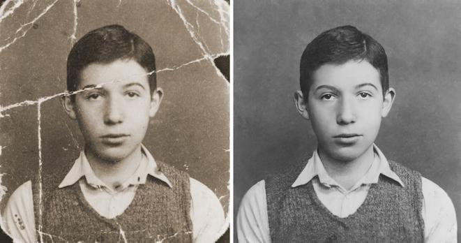 Repair damaged young boy old photo.