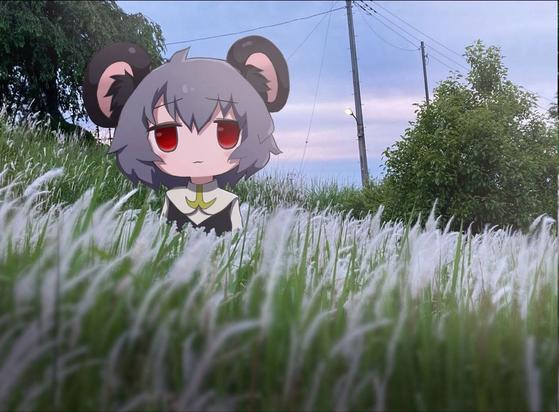 Nazrin sits in a field of tall grass.