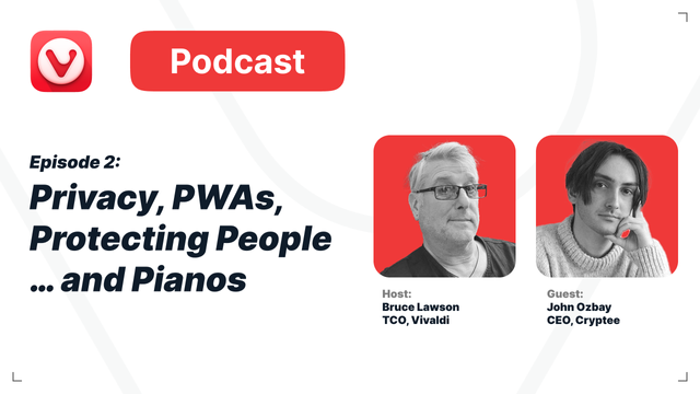 For a Better Web podcast promotional image. 
Text on the left says: "Episode 2: Privacy, PWAs, Protecting People ... and Pianos". 
On the right side are pictures of the host Bruce Lawson and guest John Ozbay.