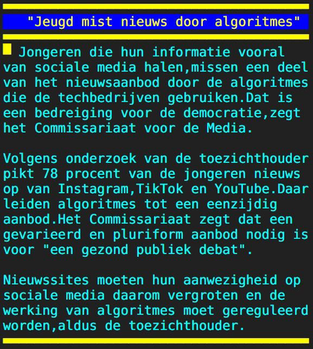 Op deze foto is een teletekstpagina te zien die uitlegt dat het Commissariaat voor de Media onderzoek heeft gedaan naar nieuwsvergaring door jongeren. 78% haalt nieuws van sociale media en algoritmes bepalen wat ze wel of niet te zien krijgen.
