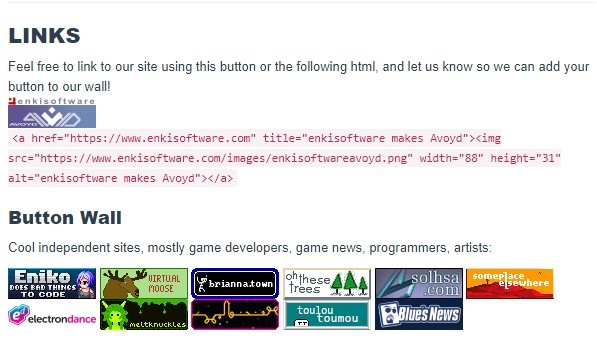 Screenshot of the enkisoftware website LINKS section showing the enkisoftware/avoyd 88x31px button and html code, and a dozen colourful buttons linking to other independent websites.