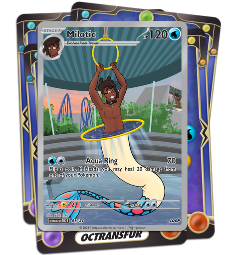 A custom Pokémon Trading Card Game card. Trevor dangles from a metal loop with another metal loop hovering around his waist. Every part of him below the hovering loop (his legs) have transformed into the long tail of a Milotic!