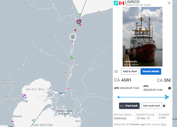 A map of the St Clair River with a marking for the location of the LIMNOS, Research Survey Vessel just south of Sarnia Ontario Canada. Info via MarineTraffic. https://www.marinetraffic.com/