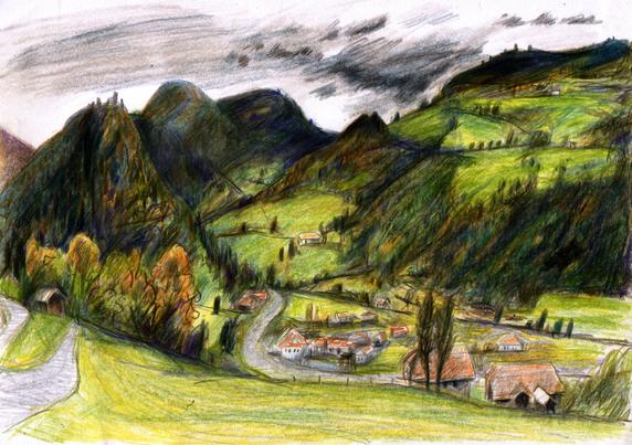 A village at the alps. Overcast sky mountains and forest.