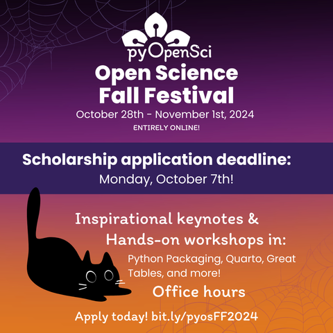 text reads: pyOpenSci Fall Festival. October 28th-November 1st, 2024. Entirely online! Scholarship application deadline: Monday, October 7th! Inspirational keynotes and hands-on workshops in: Python Packaging, Quarto, Great Tables, and more! Office hours. Apply today! bit.ly/pyosFF2024