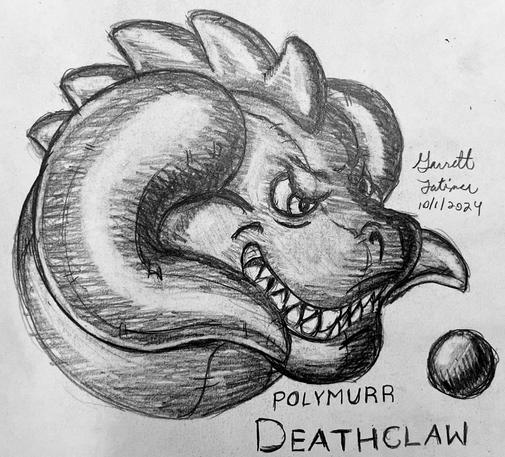 A pencil sketch of the face of an inflatable Deathclaw, made of matte and glossy black vinyl.  Those chunky horns, mmmyes.