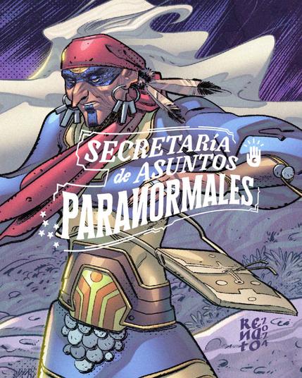 Ilustración digital a color realizada en Clip Studio Paint. Escena nocturna, curandera indígena del noreste de México con los brazos levantados, de fondo vemos el desierto con varias plantas y piedras. El logo del juego de rol "Secretaría de Asuntos Paranormales" se encuentra al centro en color blanco.
