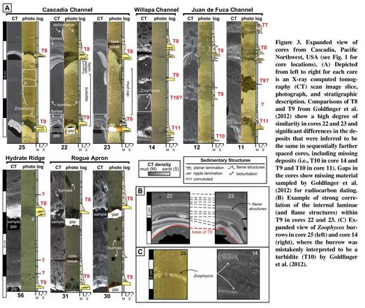 section and maps - Expanded view of cores from Cascadia, Pacific Northwest, USA