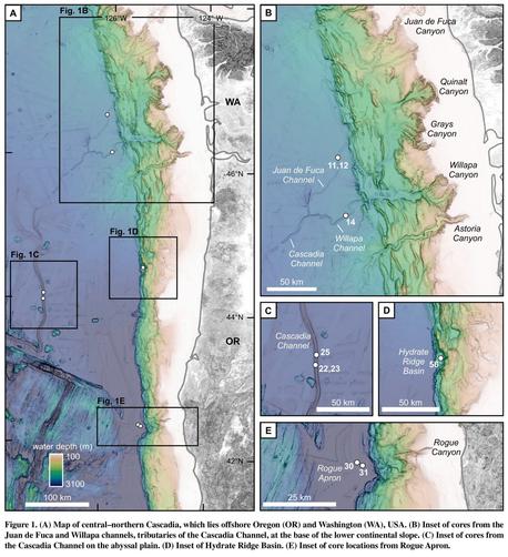 maps - Figure 1. (A) Map of central–northern Cascadia, which lies offshore Oregon (OR) and Washington (WA), USA. (B) Inset of cores from the Juan de Fuca and Willapa channels, tributaries of the Cascadia Channel, at the base of the lower continental slope. (C) Inset of cores from the Cascadia Channel on the abyssal plain. (D) Inset of Hydrate Ridge Basin. (E) Inset of core locations from Rogue Apron.