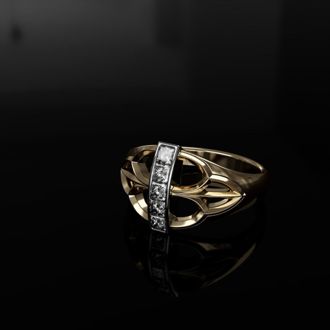 A yellow gold ring with a gothic window pattern has 5 princess cut diamonds set in a row, vertically in white metal. The background is mearly black so you can see a little bit of reflection but not much else.