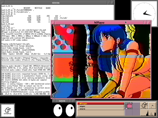 A screencap of QNX 6.4.1, running the fvwm window manager and displaying xterm and various X apps, as well as an MPlayer window showing the opening of the 1985 anime, Dirty Pair; the scene is a blue haired woman crawling on her knees, looking around in a crowd