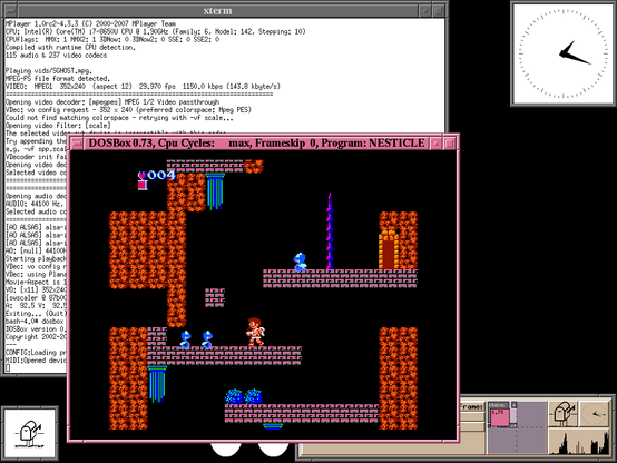 Another screencap of QNX 6.4.1 running fvwm2, with xterm and various X apps around it, and a window with DOSbox running the NESticle NES emulator, showing the first level of the NES game, Kid Icarus; the main hero, Pit, is facing two small snake-like enemies