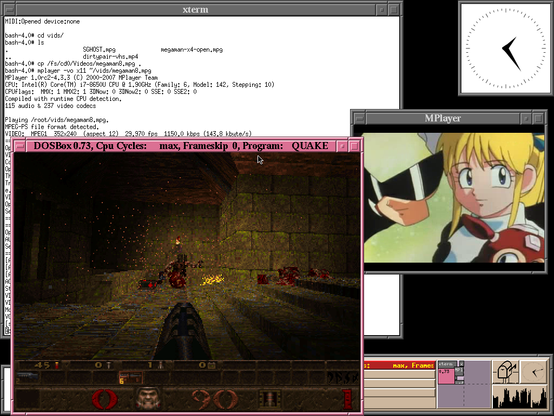 Another screencap of QNX 6.4.1 running fvwm; on the screen are a clock, xterm, DOSbox running the 1996 FPS, Quake, and an MPlayer window showing a scene from the opening animation of Capcom's 1996 PS1 game, Mega Man 8: Metal Heroes