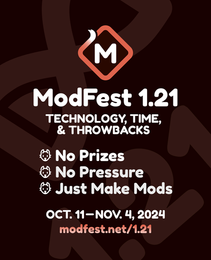 the modfest 1.21 poster, with a foxtail logo and the slogan "no prizes, no pressure, just mods"