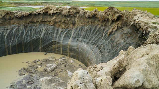 photo - Large craters in the tundra on Russia’s Yamal Peninsula are formed by a combination of warming and osmosis, according to new research in Geophysical Research Letters.