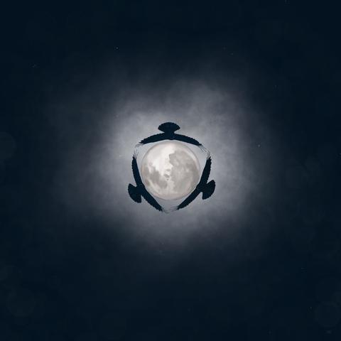 a moon with three ravens flying with wings spread almost in a straight line tangent to the moon making almost a triangle. there is cloudy haze around the moon with stars and a dark teal hue in the sky where the cloud meets.