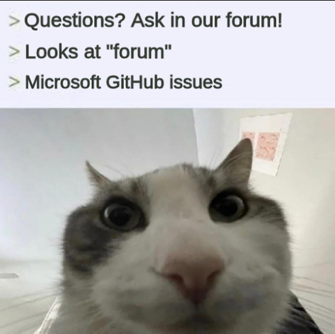 > Questions? Ask in our forum!
> Looks at "forum"
> Microsoft GitHub issues