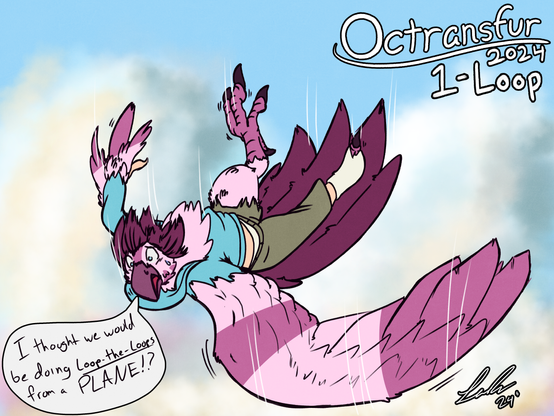 A digital drawing of Vee falling through the sky. As he falls, he is quickly turning into a pink anthropomorphic eagle. Falling backwards, he looks towards the ground with his new avian face. One arm fully transformed into a wind, while the other is sprouting feathers. One leg is fully avian, as the other legs has a bir like talon ripping through the sock.  Vee: "I thought we would be doing Loop-The-Loops from a PLANE!?" he shouts.  A Octransfur 2024 logo is in the top right corner, with the subtext of "1 - Loop"